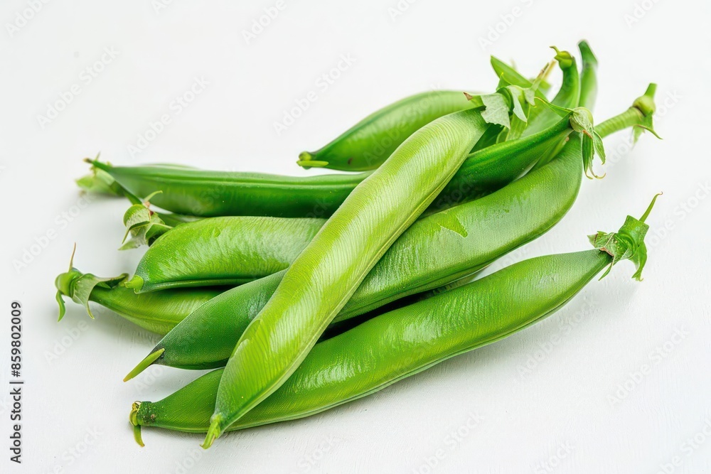 A handful of green beans and a snap pea pod set on a white backdrop A handful of green beans and a snap pea pod set on a white backdrop