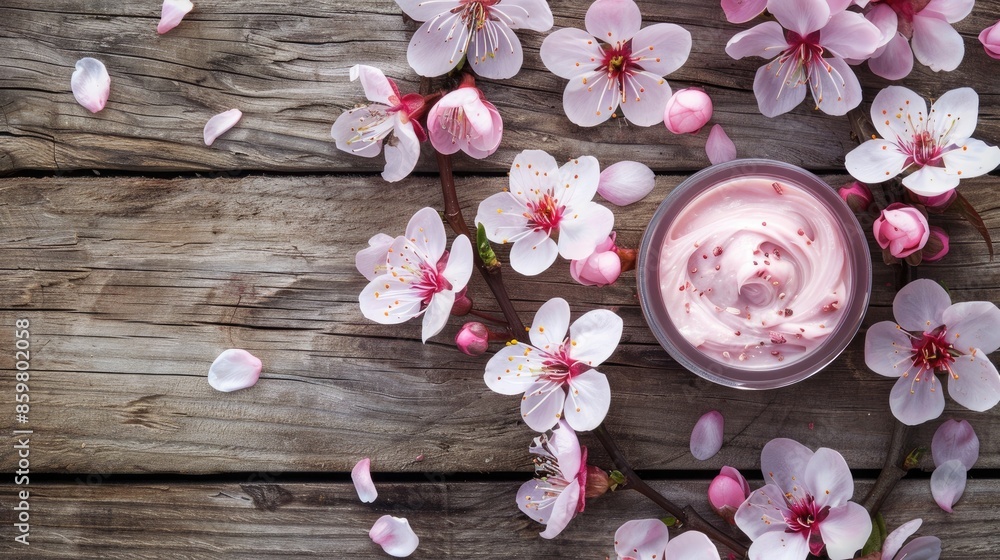 Japanese cherry blossom infused natural facial cream on wooden surface Japanese cherry blossom infused natural facial cream on wooden surface