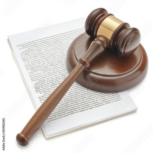 A lawsuit document and a courtroom gavel isolated on a white background