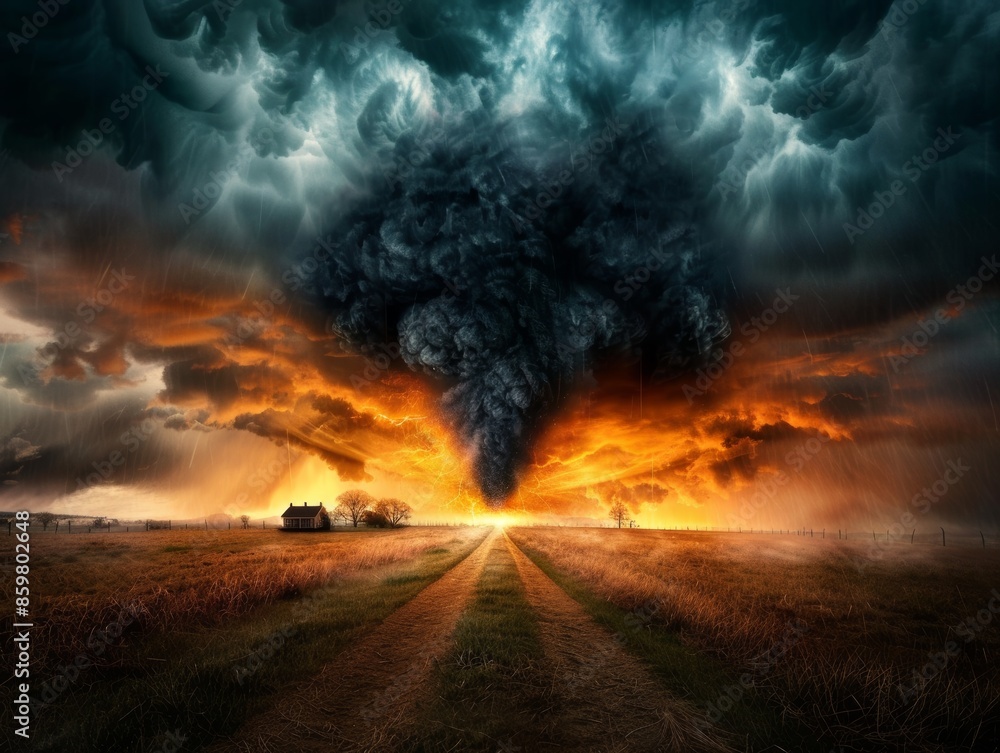 Dramatic scenery of a dark storm cloud forming over a burning horizon in a rural landscape, showcasing the raw power of nature. Dramatic scenery of a dark storm cloud forming over a burning horizon in a rural landscape, showcasing the raw power of nature.