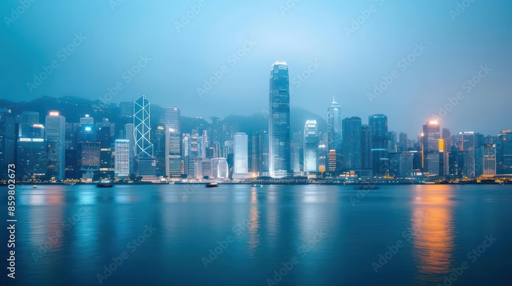 Naklejka premium A panoramic view of a citys skyline at dusk, with glowing lights and no visual distractions