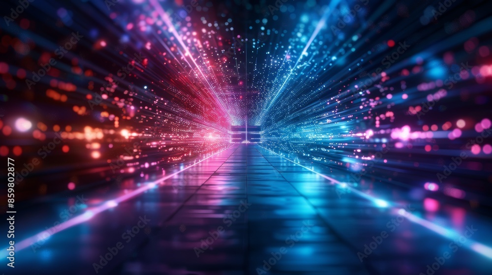 Futuristic neon glowing lights tunnel with vibrant red and blue colors, abstract technology background for digital innovation and virtual reality. Futuristic neon glowing lights tunnel with vibrant red and blue colors, abstract technology background for digital innovation and virtual reality.