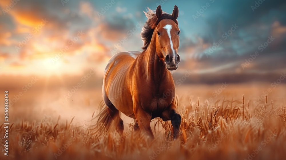 Fototapeta premium Majestic horse galloping across a golden field at sunset, capturing the beauty and freedom of nature.