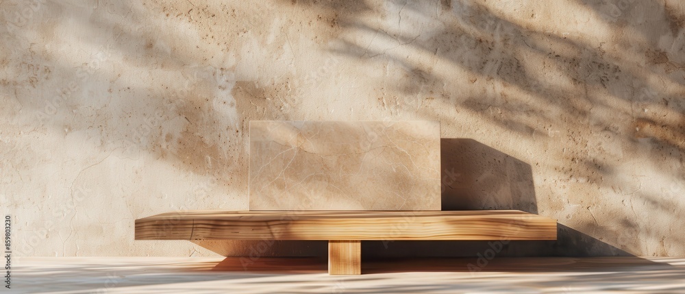 Minimalist wooden bench against a textured wall bathed in serene natural light and shadows, evoking a tranquil and modern aesthetic. Minimalist wooden bench against a textured wall bathed in serene natural light and shadows, evoking a tranquil and modern aesthetic.