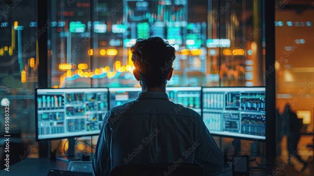 Rear view of successful financial analyst in modern hedge fund office with multi-monitor workstation and real-time stocks Rear view of successful financial analyst in modern hedge fund office with multi-monitor workstation and real-time stocks