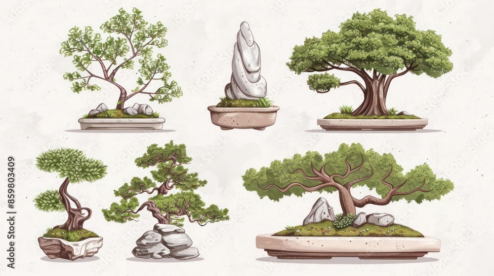 A set of bonsai trees with detailed textures and white background A set of bonsai trees with detailed textures and white background