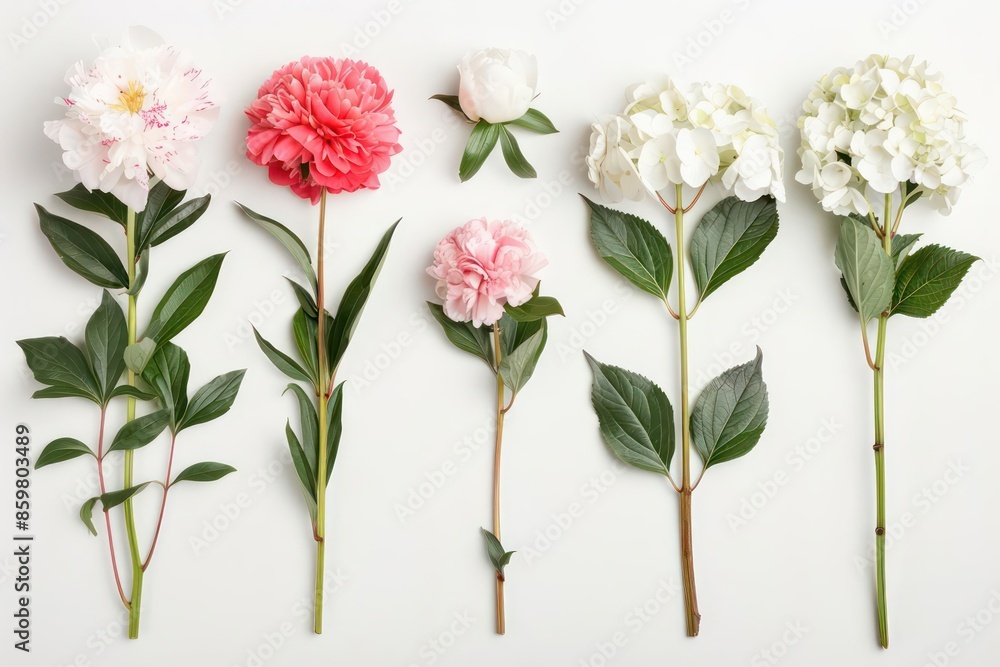A set of elegant peonies and hydrangeas isolated on a clean white canvas A set of elegant peonies and hydrangeas isolated on a clean white canvas