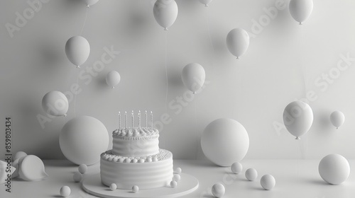 Aesthetic paper board featuring a minimalist birthday scene monochrome balloons and cake photo