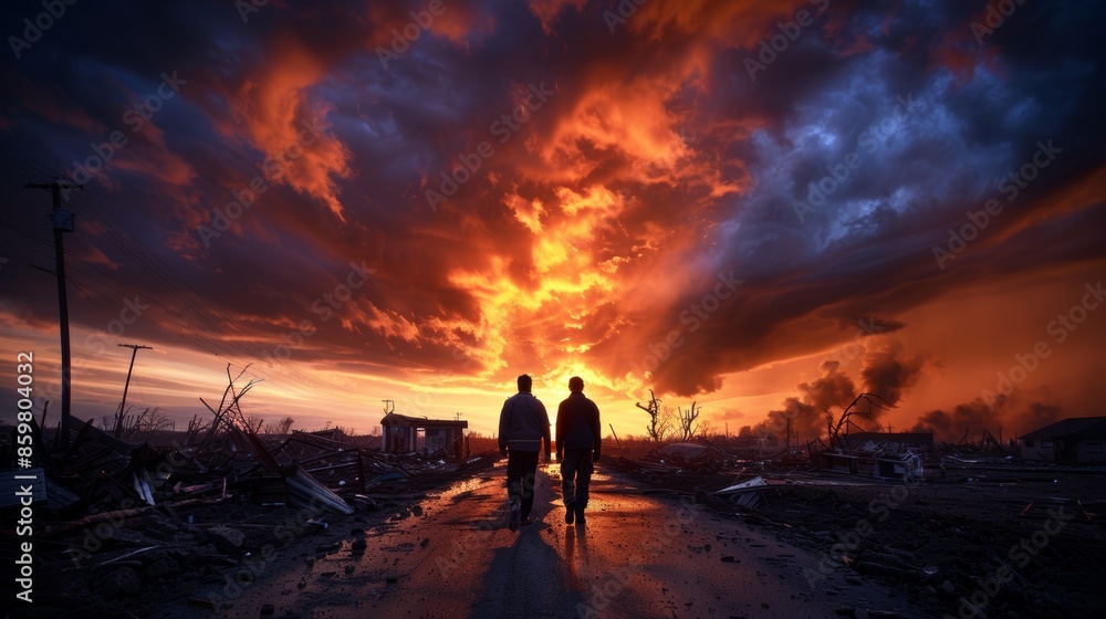Two people walking through a dramatic sunset with intense orange and blue skies in a post-apocalyptic setting. Two people walking through a dramatic sunset with intense orange and blue skies in a post-apocalyptic setting.