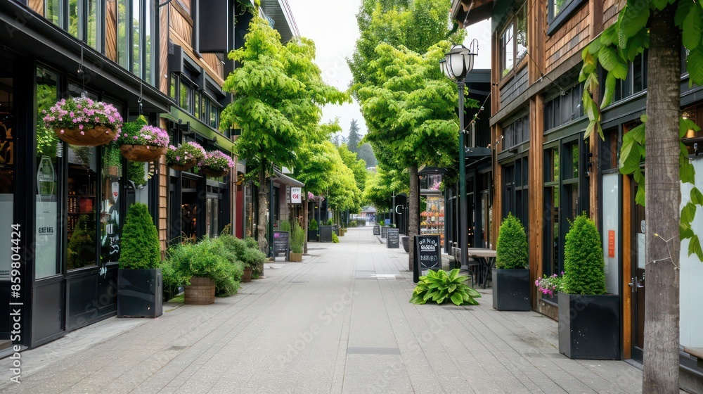 A treelined city avenue with stylish boutiques and cafes, offering an elegant and clutterfree ambiance A treelined city avenue with stylish boutiques and cafes, offering an elegant and clutterfree ambiance