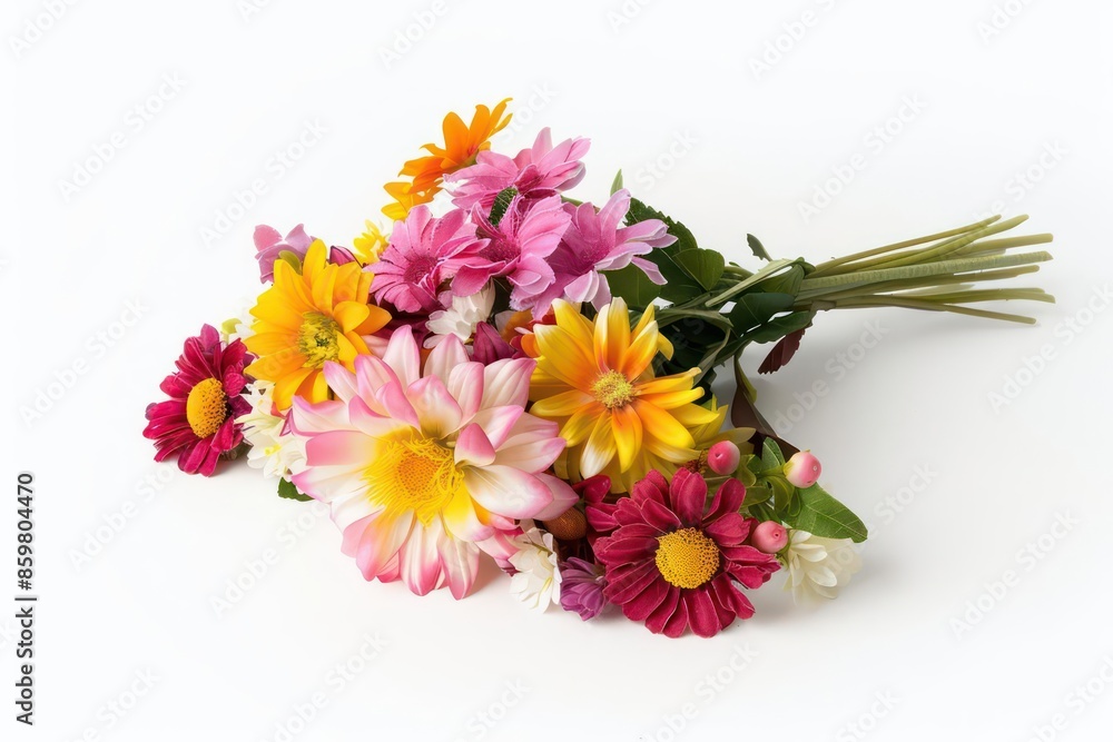 A vibrant bouquet of mixed flowers isolated on a clean white background A vibrant bouquet of mixed flowers isolated on a clean white background
