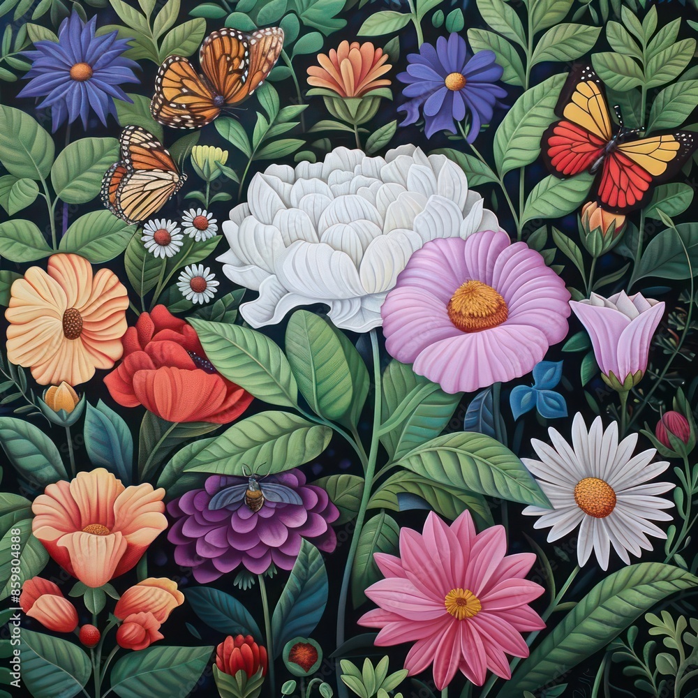 Butterflies and bees flit around the blossoms in the flourishing flower garden
