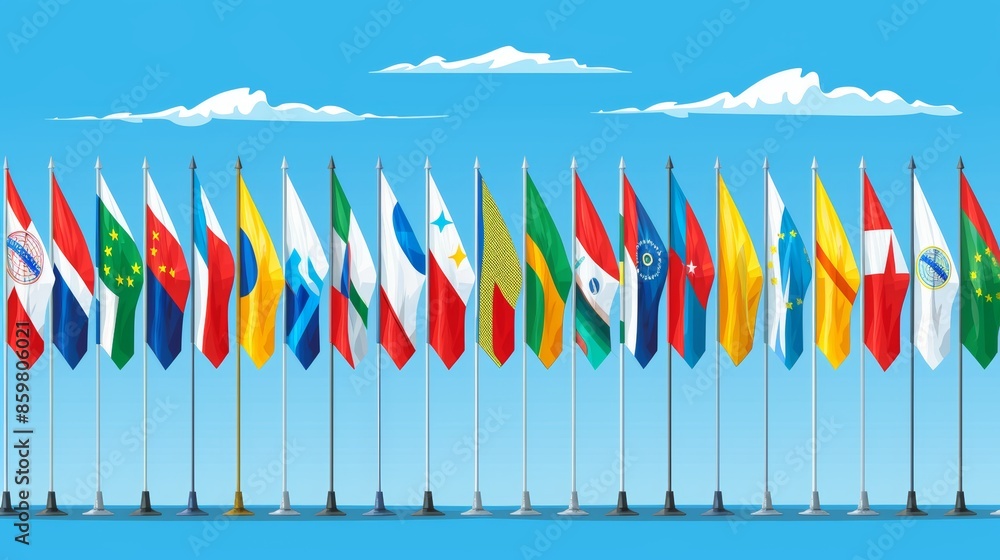 © JuliaDorian - International business symbolism  array of various country flags displayed in a row