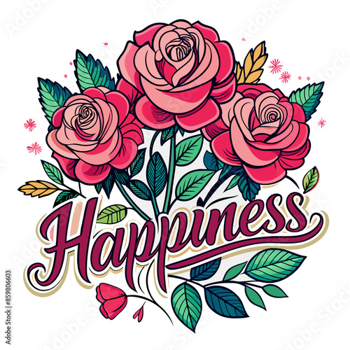 T-shirt design with the word "Happiness" typography, beautiful roses, white background