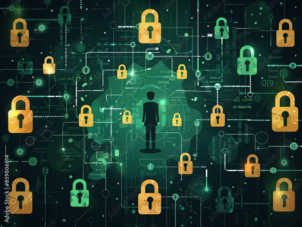 Online privacy concept with a person surrounded by locks illustration, representing protection of personal data. Minimalism, Online privacy concept with a person surrounded by locks illustration, representing protection of personal data. Minimalism,