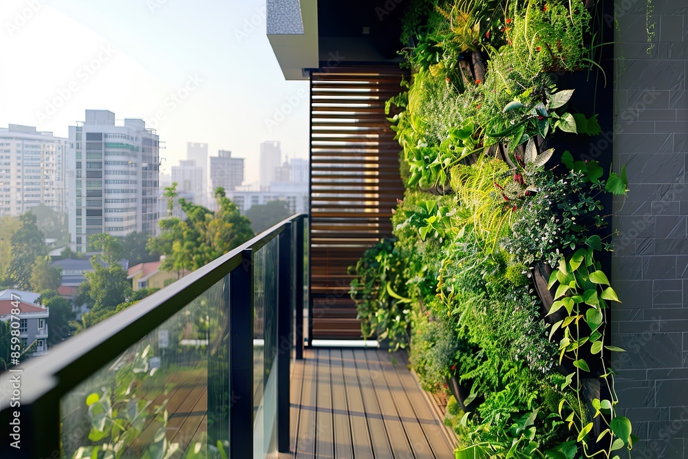 Urban Balcony with Vertical Garden at Sunset Urban Balcony with Vertical Garden at Sunset