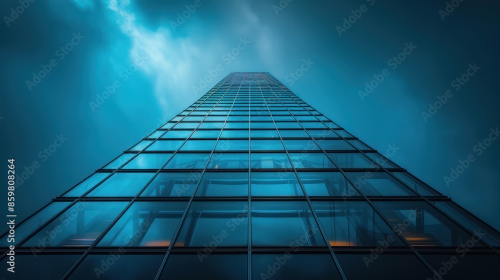 Sky-high Glass Tower: Low Angle View with Blue Background and Reflections - HD Nature Photo in Three Point Perspective Sky-high Glass Tower: Low Angle View with Blue Background and Reflections - HD Nature Photo in Three Point Perspective