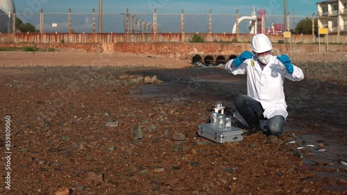 a man in a protective suit takes a sample of water from the river after the release of chemical waste