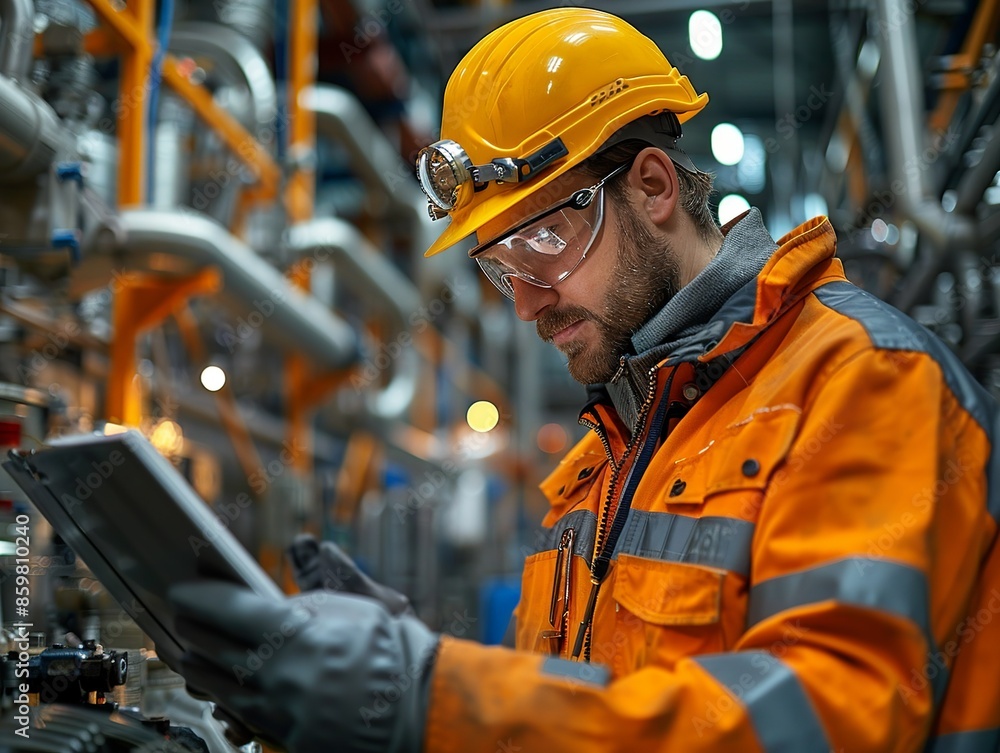 Engineer analyzing processes at a chemical plant. Safety gear, industrial setting. Manufacturing and engineering. Minimalism, Engineer analyzing processes at a chemical plant. Safety gear, industrial setting. Manufacturing and engineering. Minimalism,