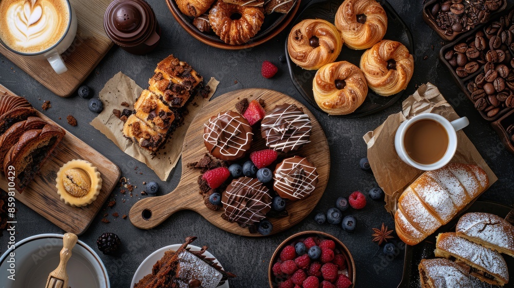 Delicious pastries sweets and coffee presented on the table food concept with a top view