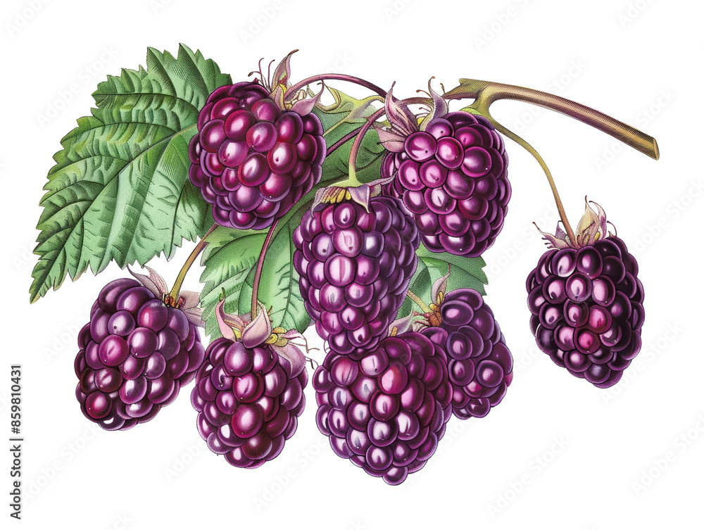 A cluster of ripe blackberries on a branch with leaves. The berries are dark purple and shiny. A cluster of ripe blackberries on a branch with leaves. The berries are dark purple and shiny.