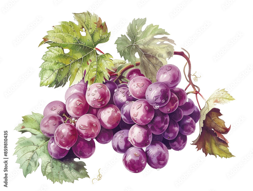 Fototapeta premium A cluster of ripe, dark purple grapes with green leaves. The grapes are juicy and plump, with a slight sheen. This image evokes the taste of summer and the bounty of the harvest.