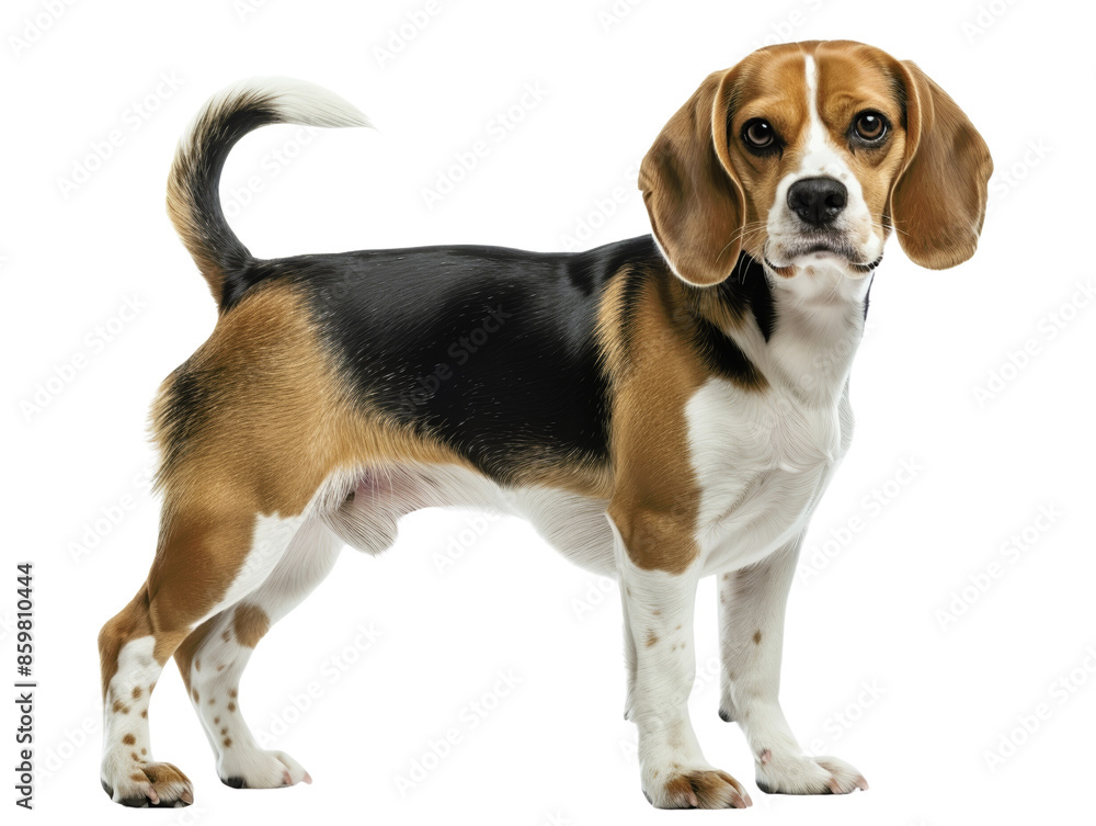 A Beagle dog standing with a black and brown coat looking towards the camera. A Beagle dog standing with a black and brown coat looking towards the camera.