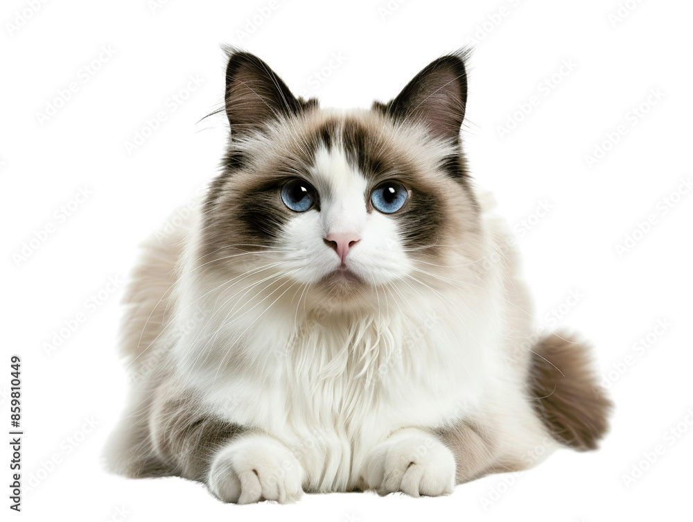 A beautiful Ragdoll cat with striking blue eyes stares intently at the camera. The cat is lying down and has a soft, fluffy coat. The background is white. A beautiful Ragdoll cat with striking blue eyes stares intently at the camera. The cat is lying down and has a soft, fluffy coat. The background is white.