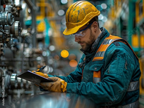 Engineer analyzing processes at a petroleum plant. Safety gear, industrial setting. Manufacturing and engineering. Minimalism,