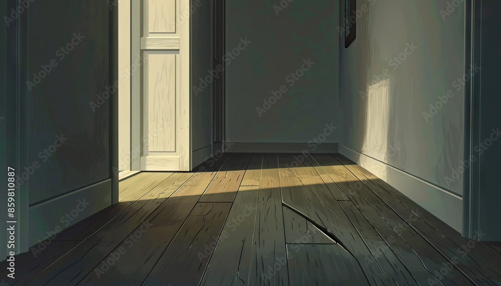 Creepiness is the creaking floorboard in the empty house: Illustrate an empty house with a single floorboard creaking ominously, symbolizing the eerie feeling of being alone in a silent, empty space Creepiness is the creaking floorboard in the empty house: Illustrate an empty house with a single floorboard creaking ominously, symbolizing the eerie feeling of being alone in a silent, empty space