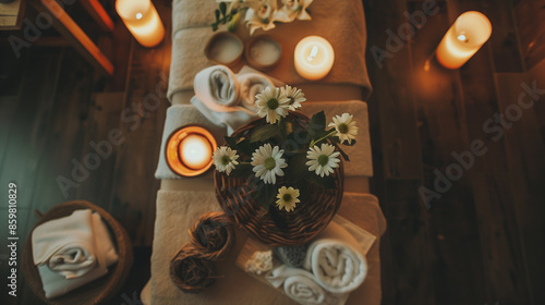 Beautiful spa accessories and fresh flowers in the center of the massage table seen from above, languid brown colors, lit candles