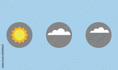 Vector weather symbols for sunny, cloudy, and rainy.