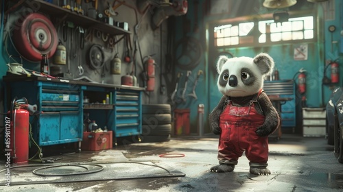Cartoon Panda wearing overalls curiously looking at viewer in the garage. Male Koala automotive technician, repair vehicle concept. Fictional model and place. Made with Generative AI photo