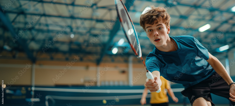 Young athlete playing badminton indoors. . Olympics in France 2024.