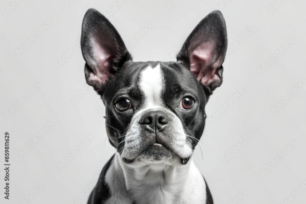 A Boston Terrier dog posing on a white background. A Boston Terrier dog posing on a white background.