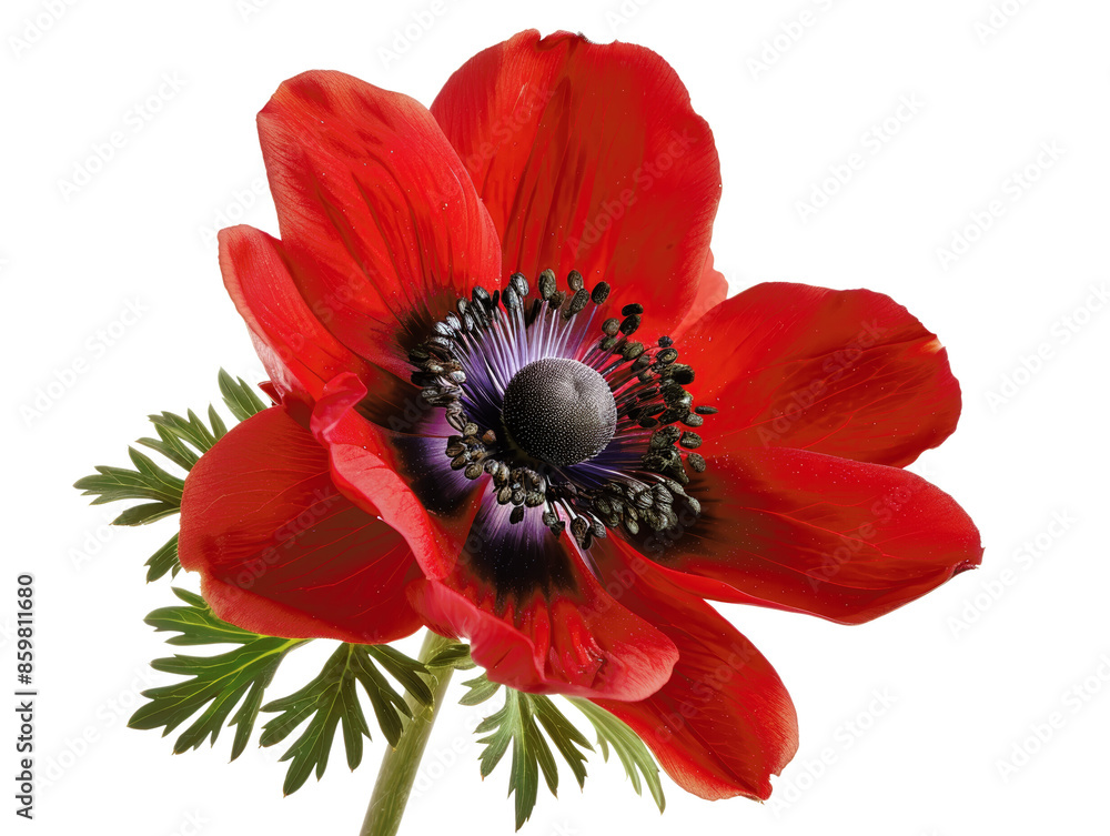 A single, vibrant red poppy flower with a dark center, showcasing its delicate petals and contrasting green leaves. A single, vibrant red poppy flower with a dark center, showcasing its delicate petals and contrasting green leaves.