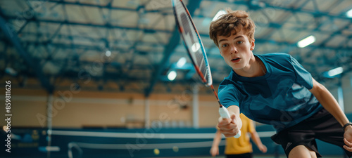 Obraz na płótnie Young athlete playing badminton indoors. . Olympics in France 2024. w salonie