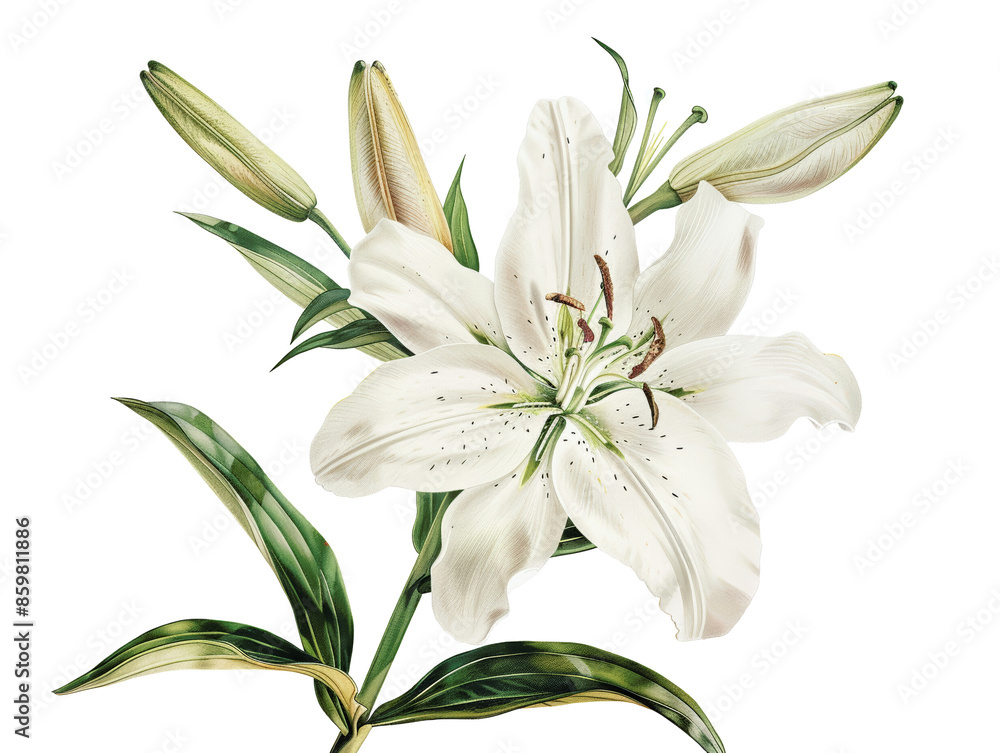 Fototapeta premium A single white lily with green leaves and buds, isolated on a white background.