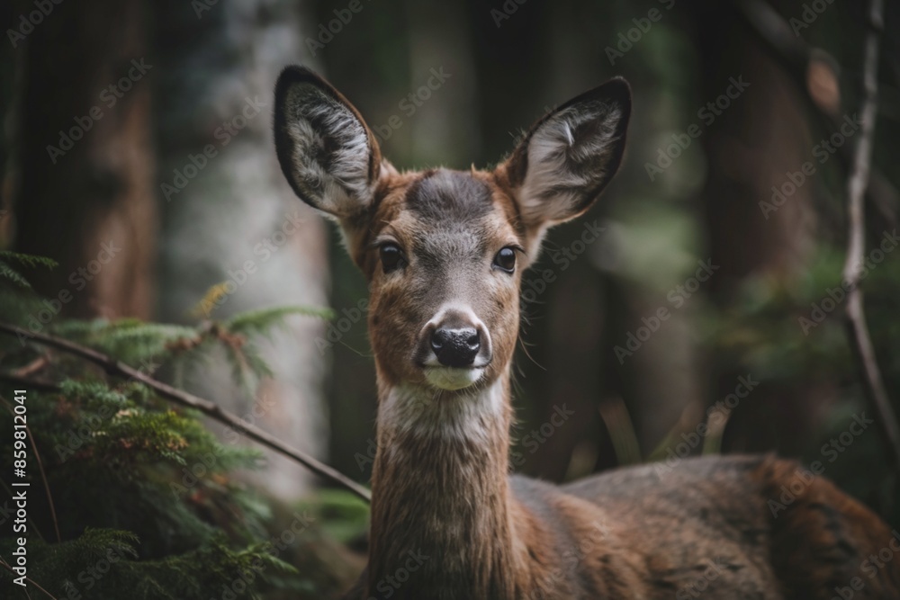 Roedeer in the forest looking towards the camera. Dark and muted colors in green and brown tones. Foreground and background are blurry. Roedeer in the forest looking towards the camera. Dark and muted colors in green and brown tones. Foreground and background are blurry.