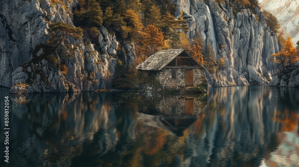 The timeless charm of an old stone dwelling, flanked by rugged cliffs, mirrored in the glassy waters of a secluded lake The timeless charm of an old stone dwelling, flanked by rugged cliffs, mirrored in the glassy waters of a secluded lake