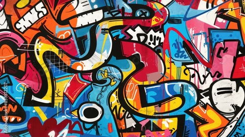 A graffiti-inspired design features bold colors, text, and symbols. The design is chaotic and energetic, with a sense of urban street art