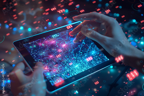 AI technology on an iPad with digital hologram of data and binary code background.