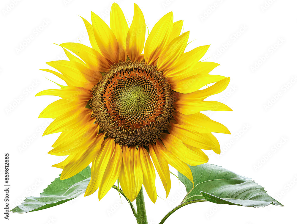 Obraz premium A vibrant yellow sunflower with a large brown center and green leaves. The flower is in full bloom and facing the viewer.