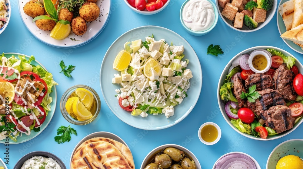 Assorted Greek dishes on blue backdrop including gyros salad and souvlaki chosen from Greek culinary variety Assorted Greek dishes on blue backdrop including gyros salad and souvlaki chosen from Greek culinary variety