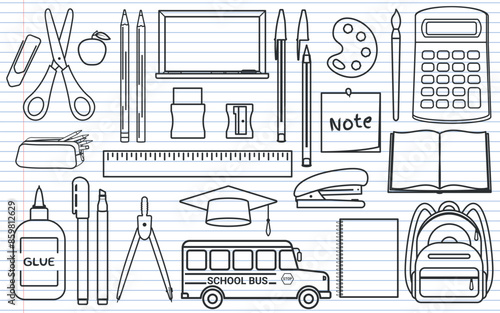 School Supplies - Various Black Icons in Outlines on Notebook Paper Background. Pen, Pencil, Backpack, Scissors, Compass, Eraser, Sharpener, Blackboard, Calculator, School Bus and others.