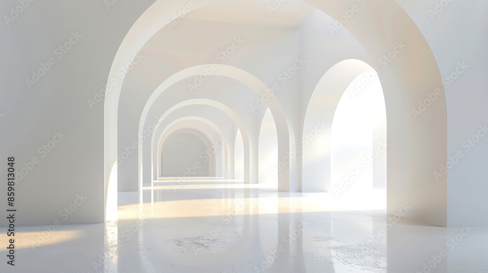 The image is a white room with a long hallway with arched ceilings. The room is empty and the light is shining through the windows, creating a bright and airy atmosphere The image is a white room with a long hallway with arched ceilings. The room is empty and the light is shining through the windows, creating a bright and airy atmosphere