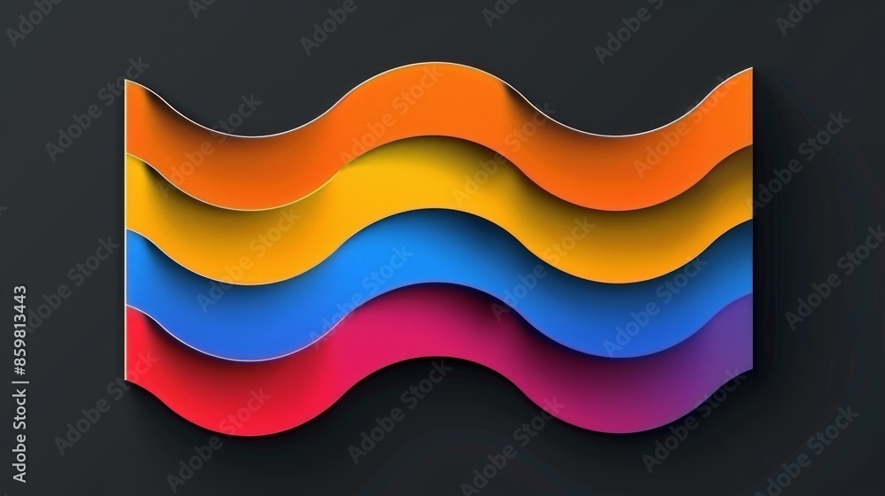 colorful abstract design featuring a paper mockup with layered wavy shapes in shades of orange, yellow, blue, red, and purple against a black background. colorful abstract design featuring a paper mockup with layered wavy shapes in shades of orange, yellow, blue, red, and purple against a black background.