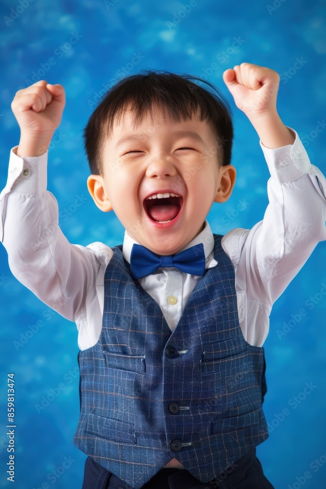 boy, wearing a blue vest and white shirt with a bow tie on his chest, has his hands up in the air excitedly celebrating victory with a happy expression against a studio background boy, wearing a blue vest and white shirt with a bow tie on his chest, has his hands up in the air excitedly celebrating victory with a happy expression against a studio background