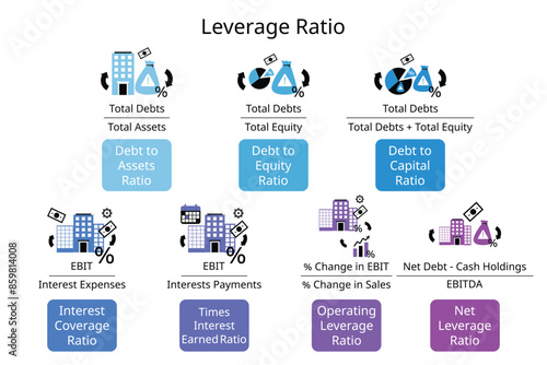 financial leverage ratio for debt to assets ratio, debt to equity, debt to capital, interest coverage, interest payment, operating leverage, net leverage