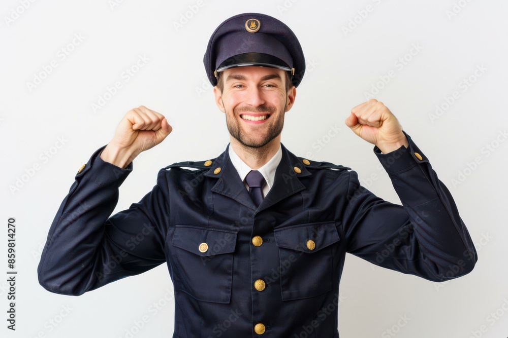 Happy Police Officer Celebrating Success in Uniform on White Background Happy Police Officer Celebrating Success in Uniform on White Background